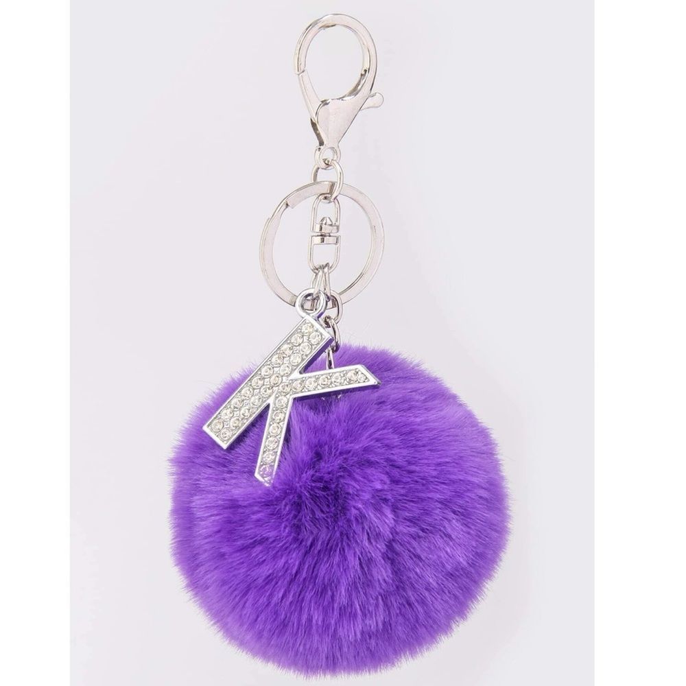 New K Initial Letter Crystal Faux Pom Purse Charm Purple Gift